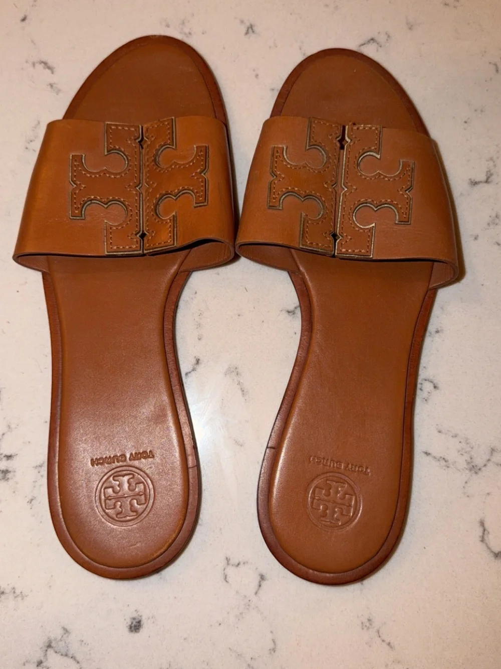 Tory Burch Brown Leather Double T Logo Slide Sandals – Size 8